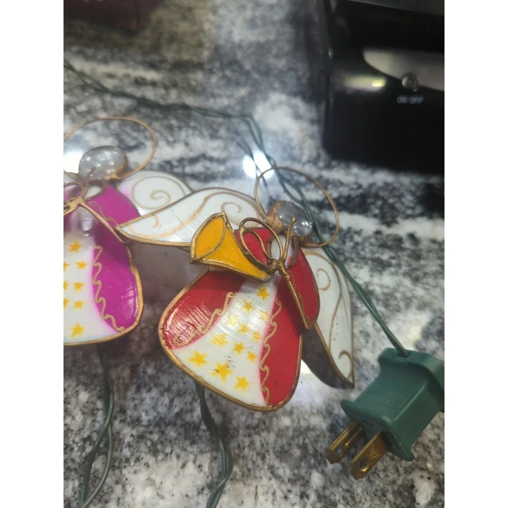 Vintage Multicolor Capiz & Wire Angel Playing Trumpets String Lights 5 Angels